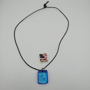 Dichrotic Glass Square Pendant On Black Chord Necklace Aqua Blue Mermaidcore